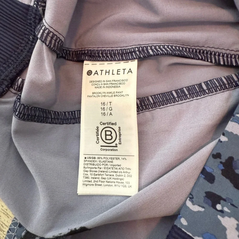 ATHLETA NWT Brooklyn Ankle‎ Pant 16 Tall Blue Camo Print Casual Jogger Style
